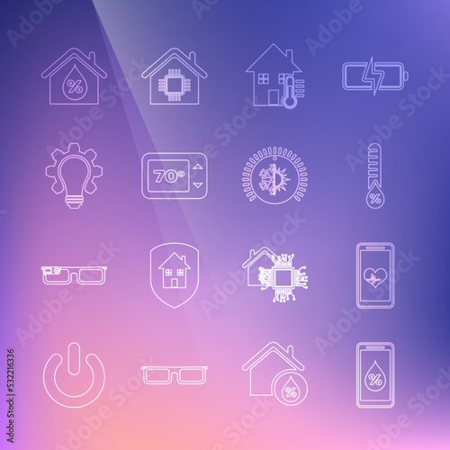 Set line Humidity for smart home, Mobile with heart rate, House temperature, Thermostat, Light bulb and gear, humidity and icon. Vector
