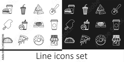 Set line Pizzeria building facade, Coffee cup, Nachos, Soda drink with donut, Ice cream, and burger, Pizza cardboard box and Glass water icon. Vector