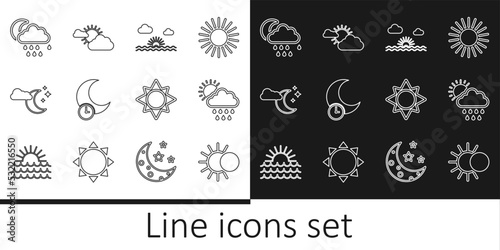 Set line Eclipse of the sun, Cloud with rain and, Sunset, Sleeping moon, stars, and cloud weather icon. Vector