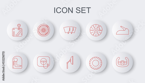 Set line Sport steering wheel, Gear shifter, Windscreen wiper, Car tire, Oil filler cap at gas station and icon. Vector