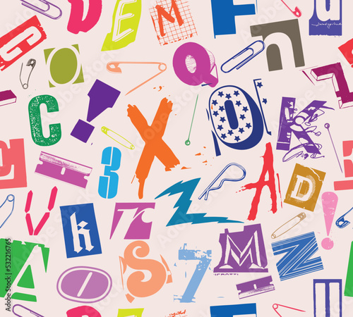 Colorful seamless vector pattern alphabet letters clippings in typographic composition with pins and clips in the style of grunge, punk and ransom color design.