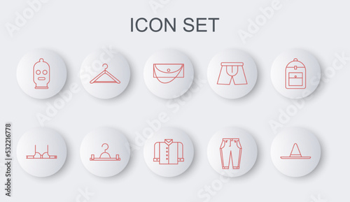 Set line Gardener worker hat, Bra, Clutch bag, Pants, Balaclava, Hanger wardrobe, and T-shirt icon. Vector
