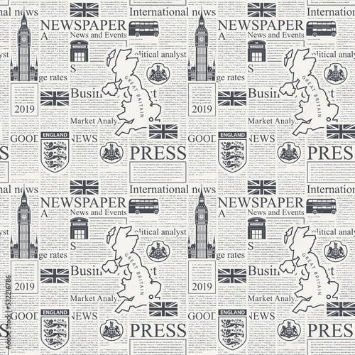 Vector seamless pattern with UK or London newspaper. Decorative page of newspaper or magazine with headings, illustrations and unreadable text. Suitable for wallpaper, wrapping paper, fabric, textile