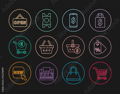 Set line Shopping cart, Discount percent tag, Smartphone with dollar, basket, and euro, Hanging sign Open, and Coupon icon. Vector