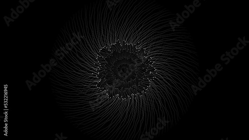 Abstract circular shape forms made from white lines and dots motion. Abstract eye shape form illustration. Futuristic tunnel or hole. 3D art. Zoom in and spin round 3D effect. Black background