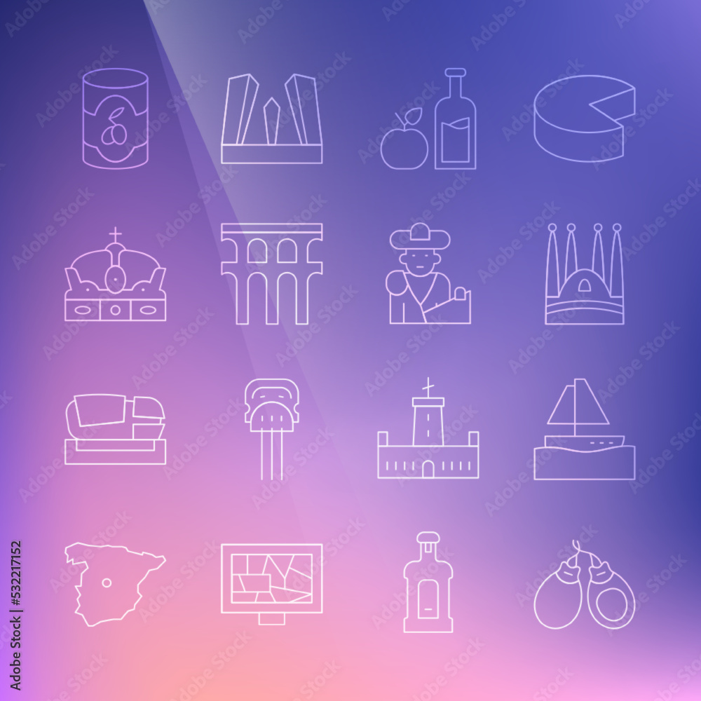 Set line Castanets, Yacht sailboat, Sagrada Familia, Apple cider bottle, Aqueduct of Segovia, Crown spain, Olives can and Bullfight, matador icon. Vector Set line Castanets, Yacht sailboat, Sagrada Familia, Apple cider bottle, Aqueduct of Segovia, Crown spain, Olives can and Bullfight, matador icon. Vector