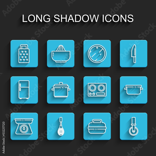 Set line Scales, Kitchen whisk, Grater, Cooking pot, Pizza knife, and Gas stove icon. Vector