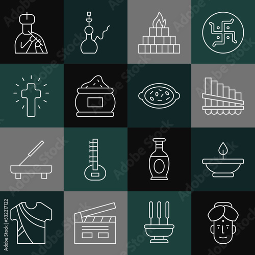 Set line Indian man, Aroma lamp, Pan flute, Yagna, spice, Christian cross, plays and Kheer in bowl icon. Vector