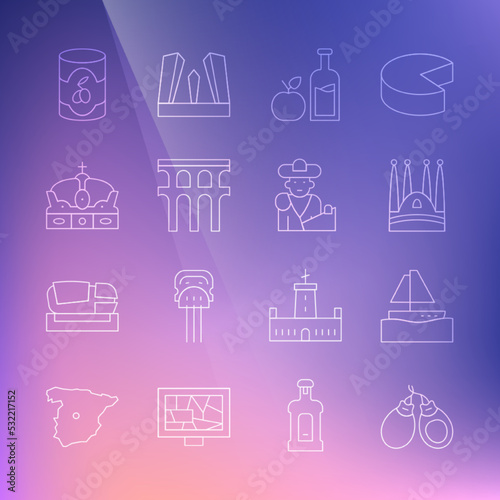 Set line Castanets, Yacht sailboat, Sagrada Familia, Apple cider bottle, Aqueduct of Segovia, Crown spain, Olives can and Bullfight, matador icon. Vector