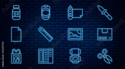 Set line Scissors, Carton cardboard box, Roll of paper, Ruler, Empty document, Printer ink bottle, Picture landscape and Paint bucket icon. Vector