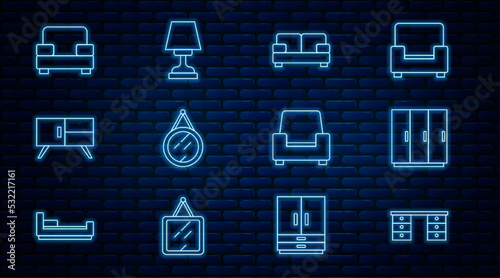 Set line Office desk, Wardrobe, Sofa, Mirror, Chest drawers, Armchair, and Table lamp icon. Vector