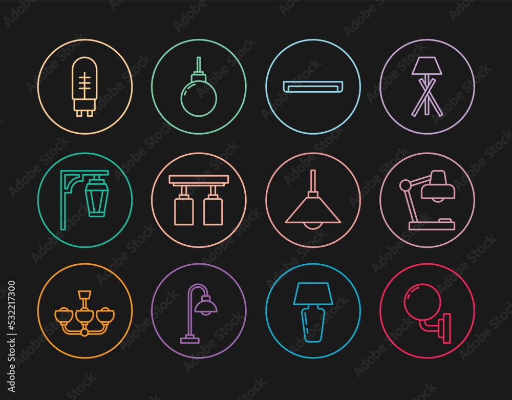 Set line Wall lamp or sconce, Table, Fluorescent, Led track lights and lamps, Vintage street, Light emitting diode, Lamp hanging and icon. Vector Set line Wall lamp or sconce, Table, Fluorescent, Led track lights and lamps, Vintage street, Light emitting diode, Lamp hanging and icon. Vector