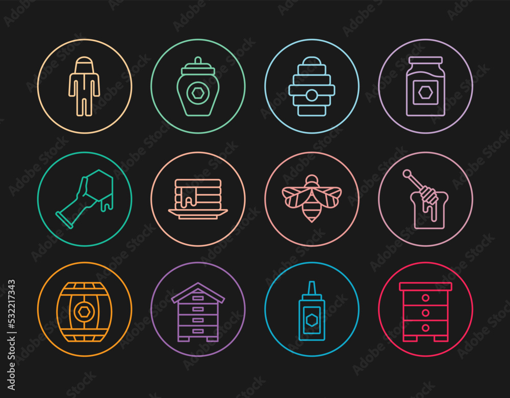 Set line Hive for bees, Honey dipper stick with honey, Stack of pancakes, Honeycomb and hand, Beekeeper protect hat, and Jar icon. Vector Set line Hive for bees, Honey dipper stick with honey, Stack of pancakes, Honeycomb and hand, Beekeeper protect hat, and Jar icon. Vector