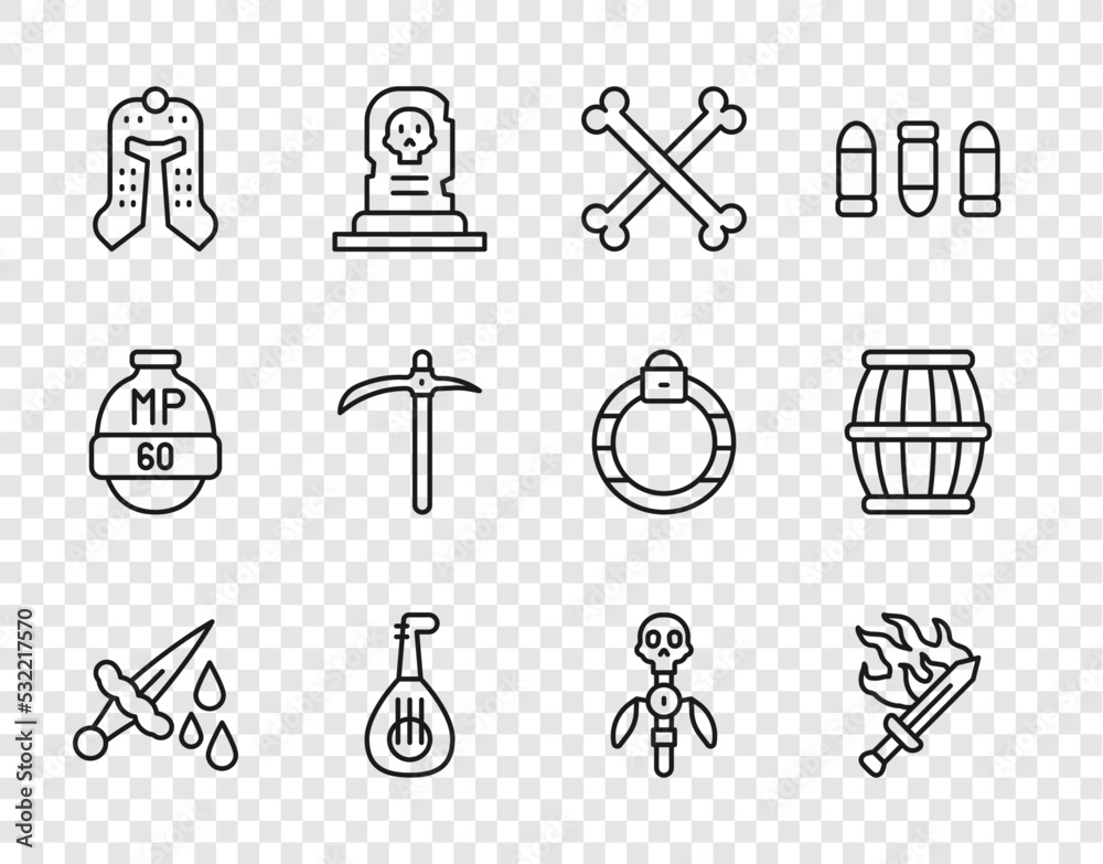 Set line Sword with blood, for game, Crossed human bones, Lute, Medieval helmet, Pickaxe, Magic staff and Gun powder barrel icon. Vector Set line Sword with blood, for game, Crossed human bones, Lute, Medieval helmet, Pickaxe, Magic staff and Gun powder barrel icon. Vector