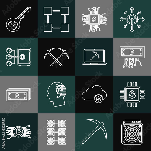 Set line ASIC Miner, Processor chip with dollar, Cryptocurrency bitcoin circuit, Crossed pickaxe, Proof of stake, key and Mining laptop and icon. Vector