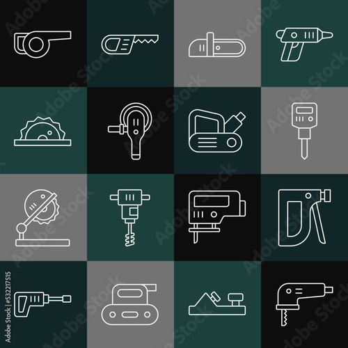 Set line Electric jigsaw, Construction stapler, jackhammer, Chainsaw, Angle grinder, circular, Leaf garden blower and planer tool icon. Vector