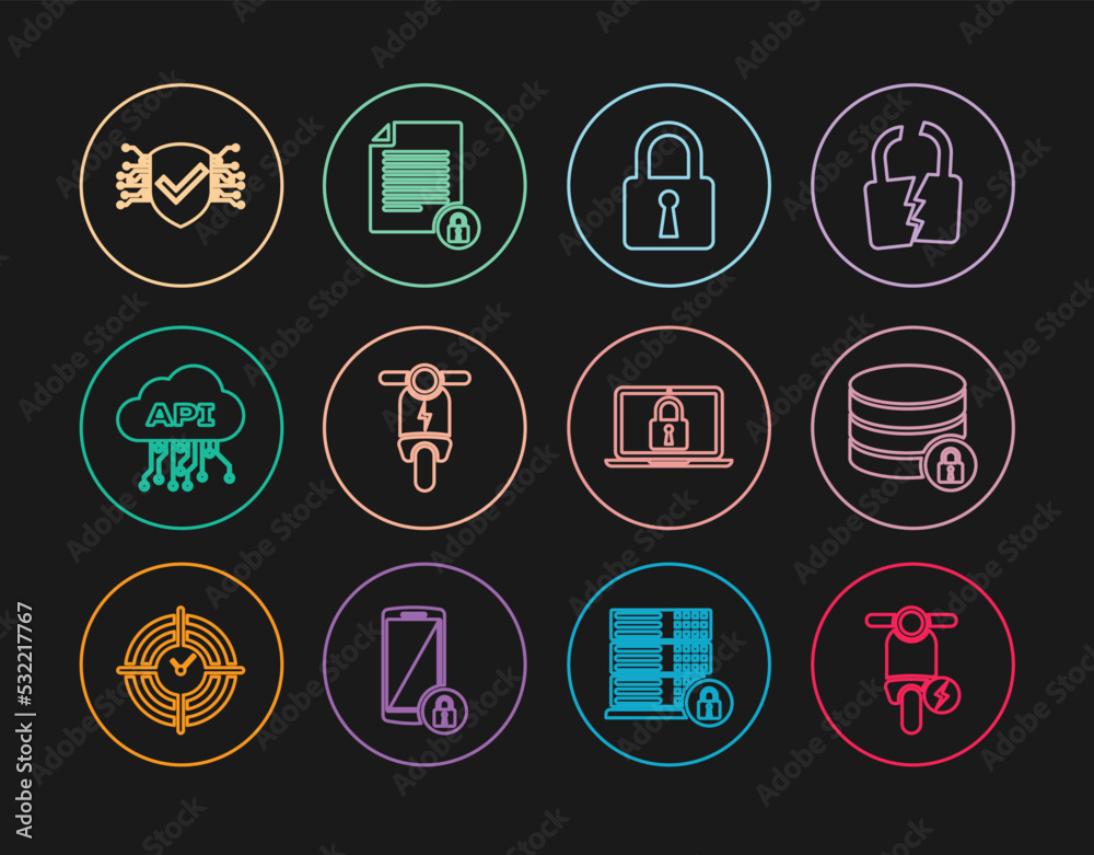 Set line Electric scooter, Server security with lock, Lock, Cloud api interface, Cyber, Laptop and and Document icon. Vector
