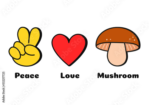 Peace, love, mushroom concept print for t-shirt.Vector cartoon doodle line graphic illustration logo design. Peace sign, heart, mushroom print for poster, t-shirt, logo concept
