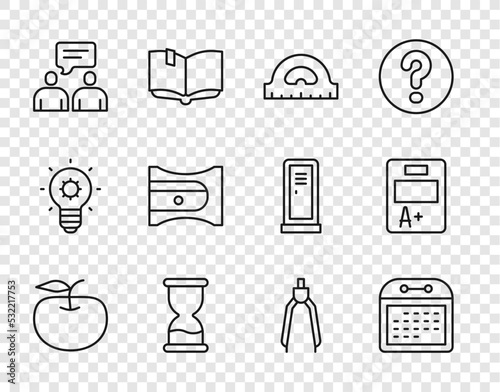 Set line Apple, Calendar, Protractor grid, Old hourglass, Two sitting men talking, Pencil sharpener, Drawing compass and Exam sheet with plus grade icon. Vector