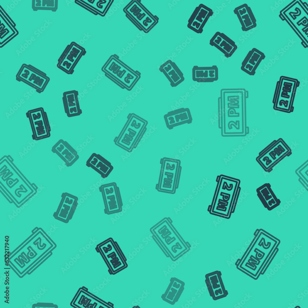 Black line Digital alarm clock icon isolated seamless pattern on green background. Electronic watch alarm clock. Time icon. Vector Black line Digital alarm clock icon isolated seamless pattern on green background. Electronic watch alarm clock. Time icon. Vector
