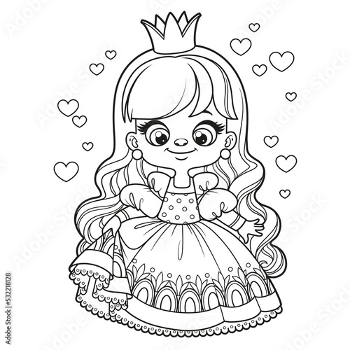 Cute cartoon long haired princess girl outlined for coloring page on white background