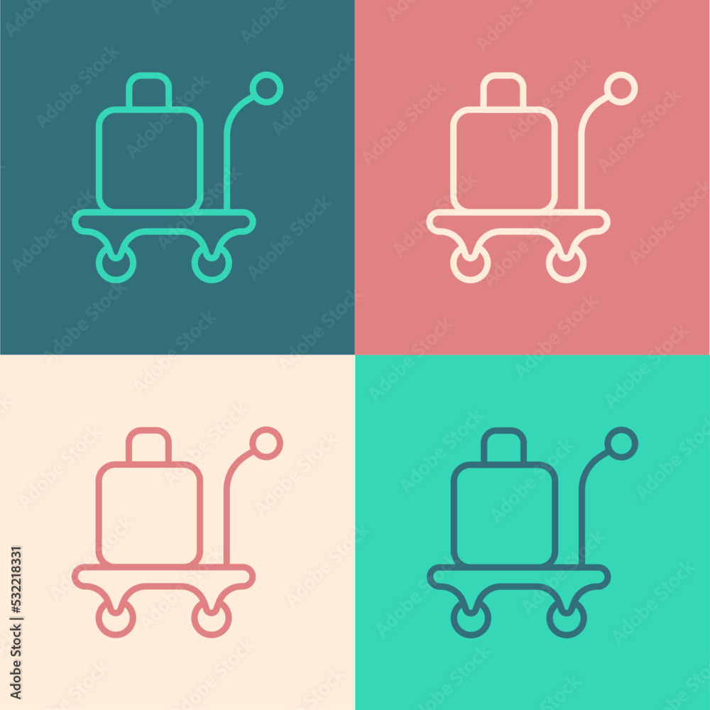 Pop art line Trolley suitcase icon isolated on color background. Traveling baggage sign. Travel luggage icon. Vector Pop art line Trolley suitcase icon isolated on color background. Traveling baggage sign. Travel luggage icon. Vector
