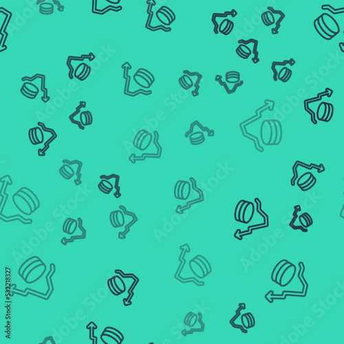 Black line Dollar rate decrease icon isolated seamless pattern on green background. Cost reduction. Money symbol with down arrow. Business lost crisis decrease. Vector