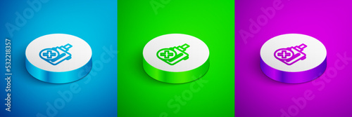 Isometric line Electronic cigarette icon isolated on blue, green and purple background. Vape smoking tool. Vaporizer Device. White circle button. Vector