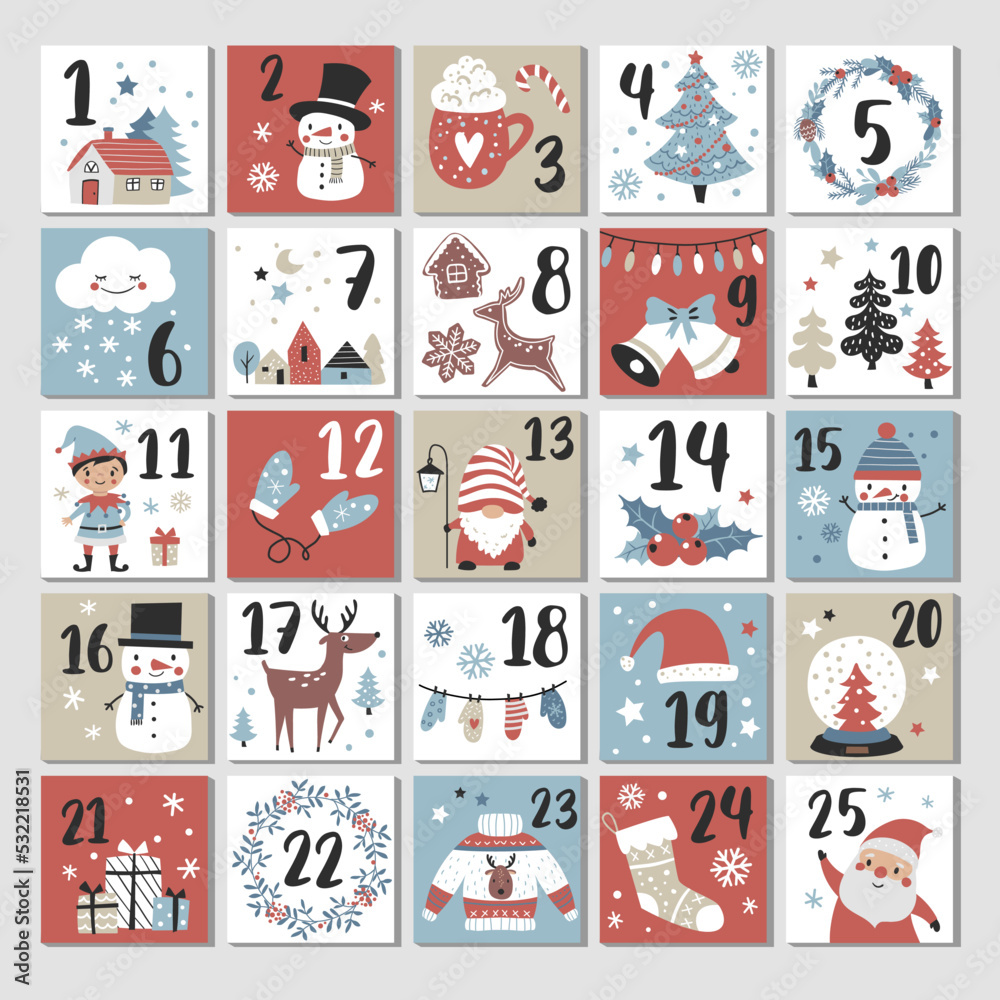 Advent calendar, Christmas poster, holiday season cute cards, Scandinavian design. Hand drawn vector illustration. - obrazy, fototapety, plakaty 