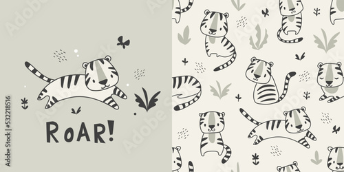 Animal pattern with cute tiger, childish seamless background and print. Hand drawn vector illustration.