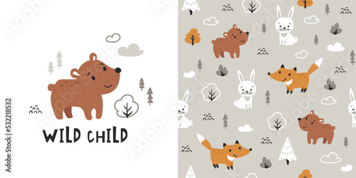 Animal pattern for kids with cute bear, fox and bunny. Nursery print. Childish seamless background, cute vector texture for bedding, fabric, wallpaper, wrapping paper, textile, t-shirt