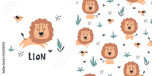 Childish pattern with cute little lion, nursery seamless background. Perfect for  for kids bedding, fabric, wallpaper, wrapping paper, textile, t-shirt print. Hand drawn vector illustration.