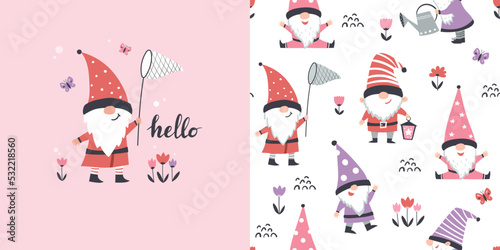 Childish seamless pattern with cute gnomes. Kids print, vector illustration.