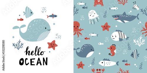 Childish seamless pattern with underwater life.  Perfect for kids bedding, fabric, wallpaper, wrapping paper, textile, t-shirt print.