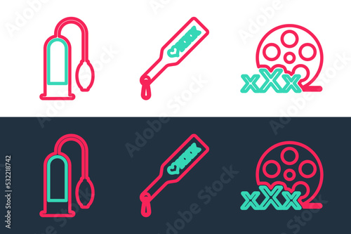 Set line Film reel with Sex, Penis pump and Spanking paddle icon. Vector