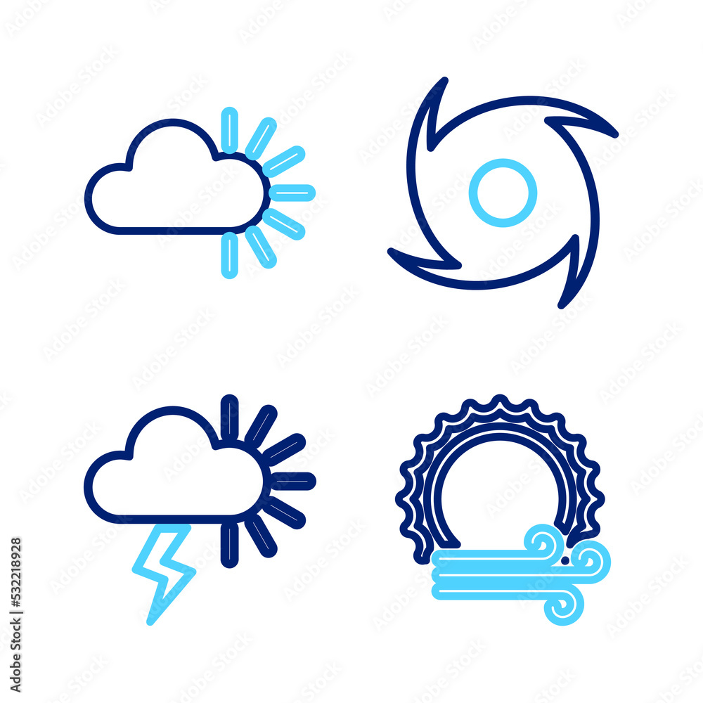Set line Wind and sun, Storm, Tornado and Cloudy icon. Vector Set line Wind and sun, Storm, Tornado and Cloudy icon. Vector