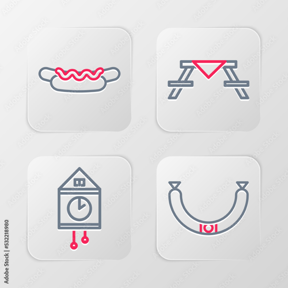 Set line Sausage, Retro wall watch, Picnic table with benches and Hotdog sandwich icon. Vector