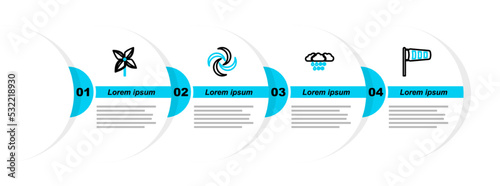 Set line Cone meteorology windsock wind vane, Cloud with snow and rain, Tornado and Pinwheel icon. Vector