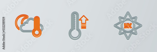 Set line UV protection, Thermometer and cloud, moon and Meteorology thermometer icon. Vector