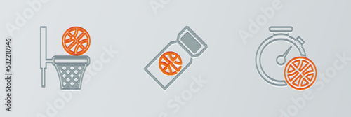 Set line Clock with basketball ball, Basketball backboard and game ticket icon. Vector