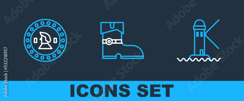 Set line Lighthouse, Pirate coin and Leather pirate boots icon. Vector