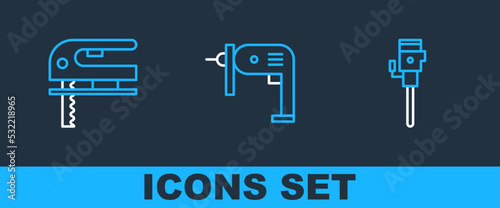 Set line Construction jackhammer, Electric jigsaw and drill machine icon. Vector