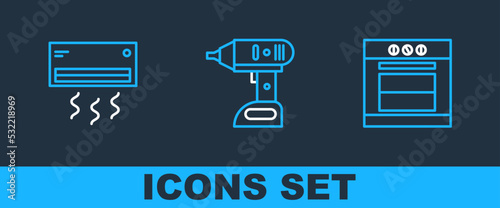 Set line Oven, Air conditioner and Electric cordless screwdriver icon. Vector