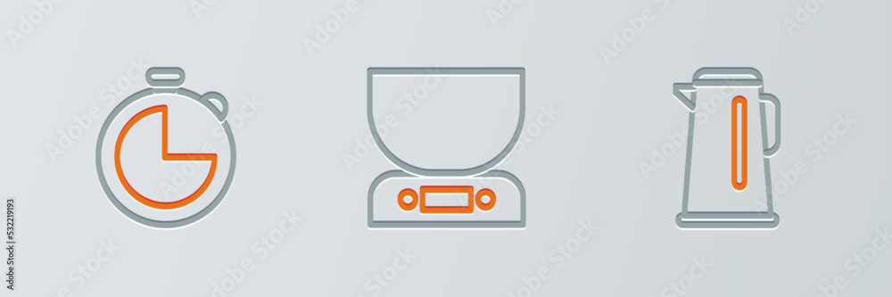 Set line Kettle with handle, Kitchen timer and Electronic scales icon. Vector