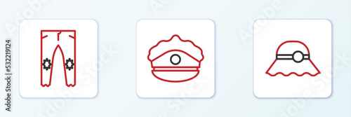 Set line Elegant women hat, Pants and Police cap with cockade icon. Vector