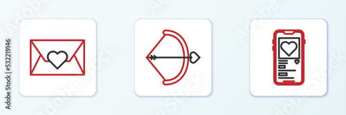 Set line Mobile with heart, Envelope Valentine and Bow and arrow icon. Vector
