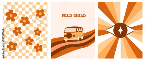 Abstract retro aesthetic backgrounds set with groovy flowers. Vintage travel car art print. Hippie 60s, 70s, 80s style. pastel wall art.
