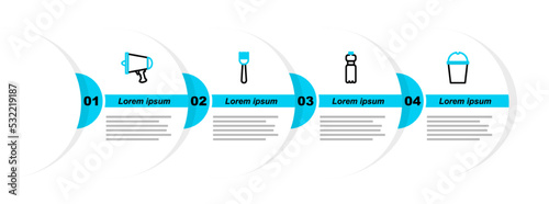 Set line Paper glass water, Bottle of, Disposable plastic fork and Spread the word, megaphone icon. Vector