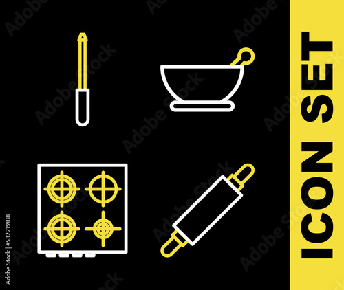Set line Mortar and pestle, Rolling pin, Gas stove and Knife sharpener icon. Vector