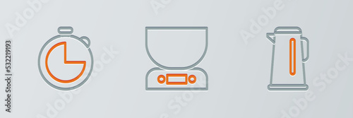 Set line Kettle with handle, Kitchen timer and Electronic scales icon. Vector